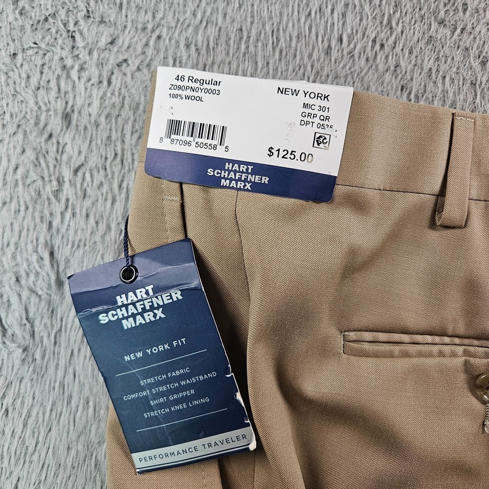$125 NEW Hart Schaffner Marx Wool Pants Men‎ 46 R Flat Front Unhemmed Khaki